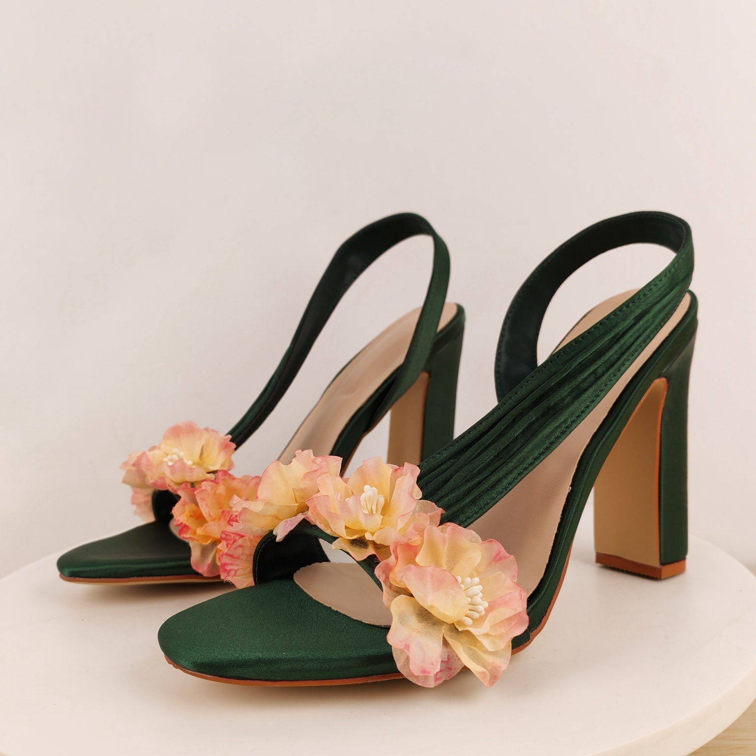Slip Dress Satin - Blok Topuklu Slingback Çiçekli Sandaletler Kadınlar